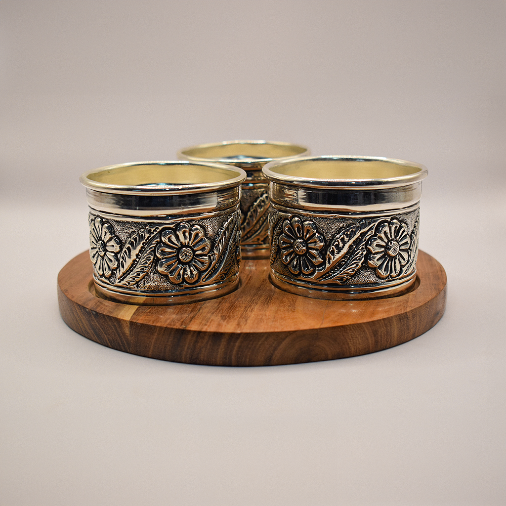 Elegant Trio Silver Cup Set with Wood Tray