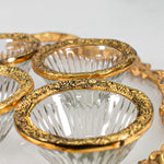 Load image into Gallery viewer, Tanutra Accented Tray with Glass Bowls Set – Elegant Serving Tray with Metallic Rimmed Glass Bowls for Snacks, Home Decor, Religious Ceremonies, and Gifts – Handcrafted Indian Artisan Tray with Colorful Jewels
