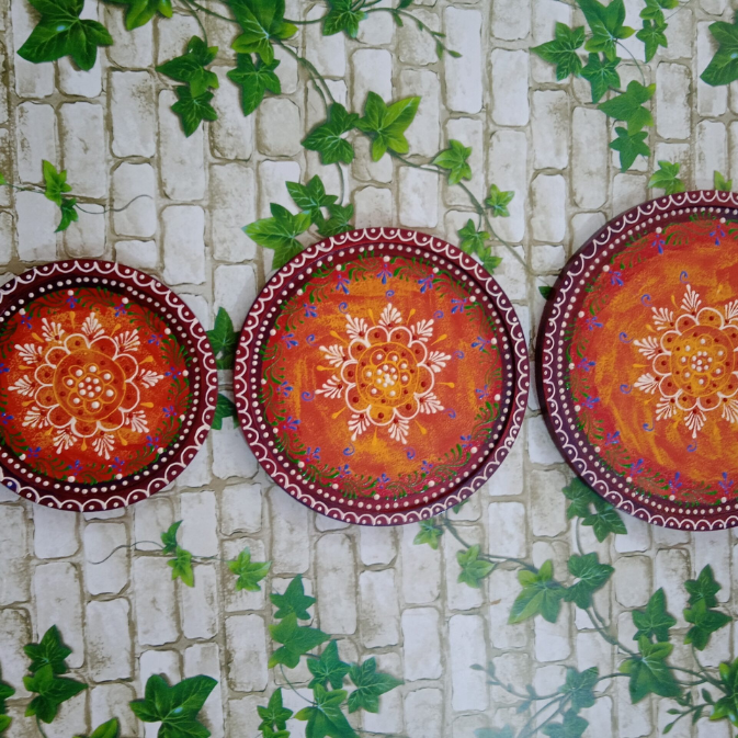 Antique Piece Maroon And Orange wall plate set of-3