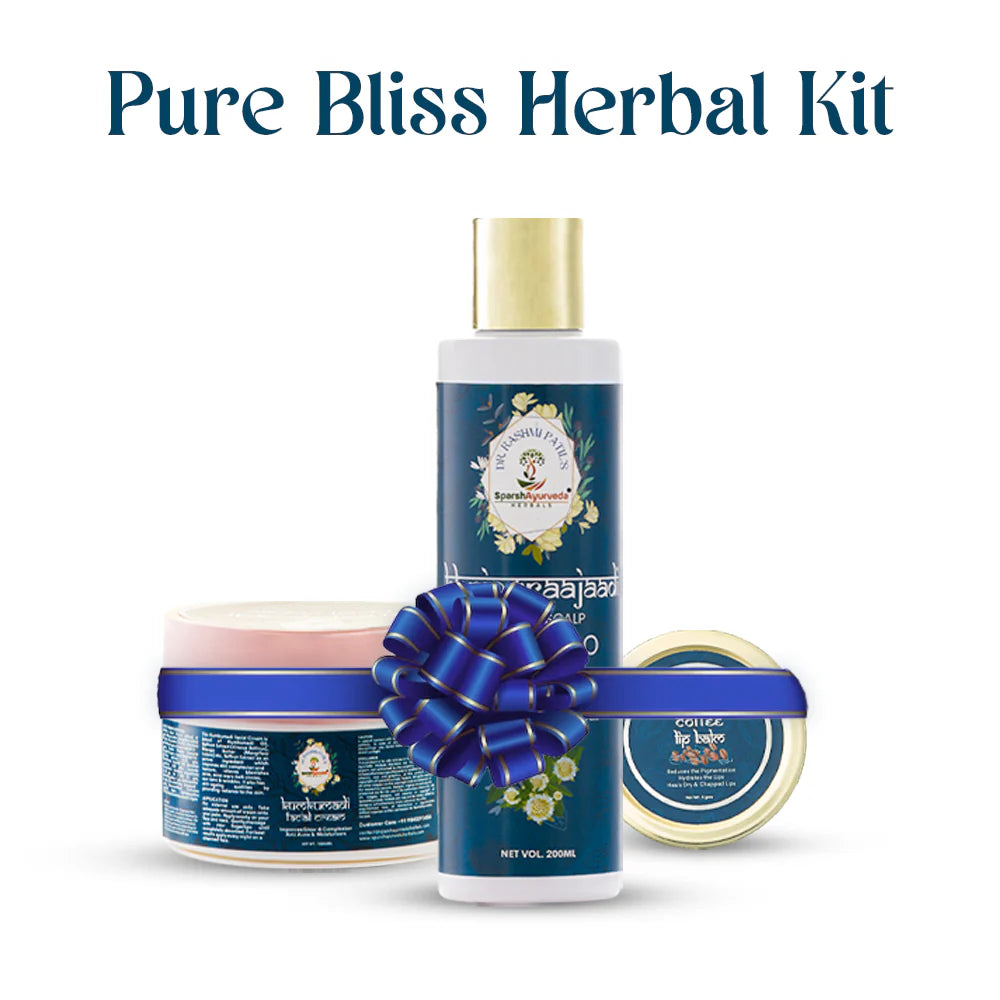 Tanutra Pure Bliss Herbal Kit - Ayurvedic hair, skin, and lip care trio featuring Bhringraajaadi Shampoo, Kumkumadi Facial Cream, and Coffee Lip Balm for a luxurious self-care experience.