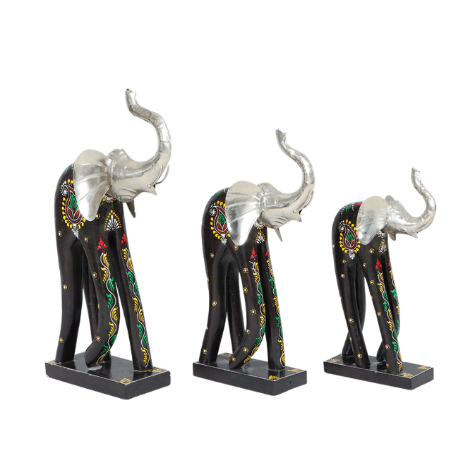 Black Color Wooden Walking Showpiece Gift Elephant Set Of 3 Decor