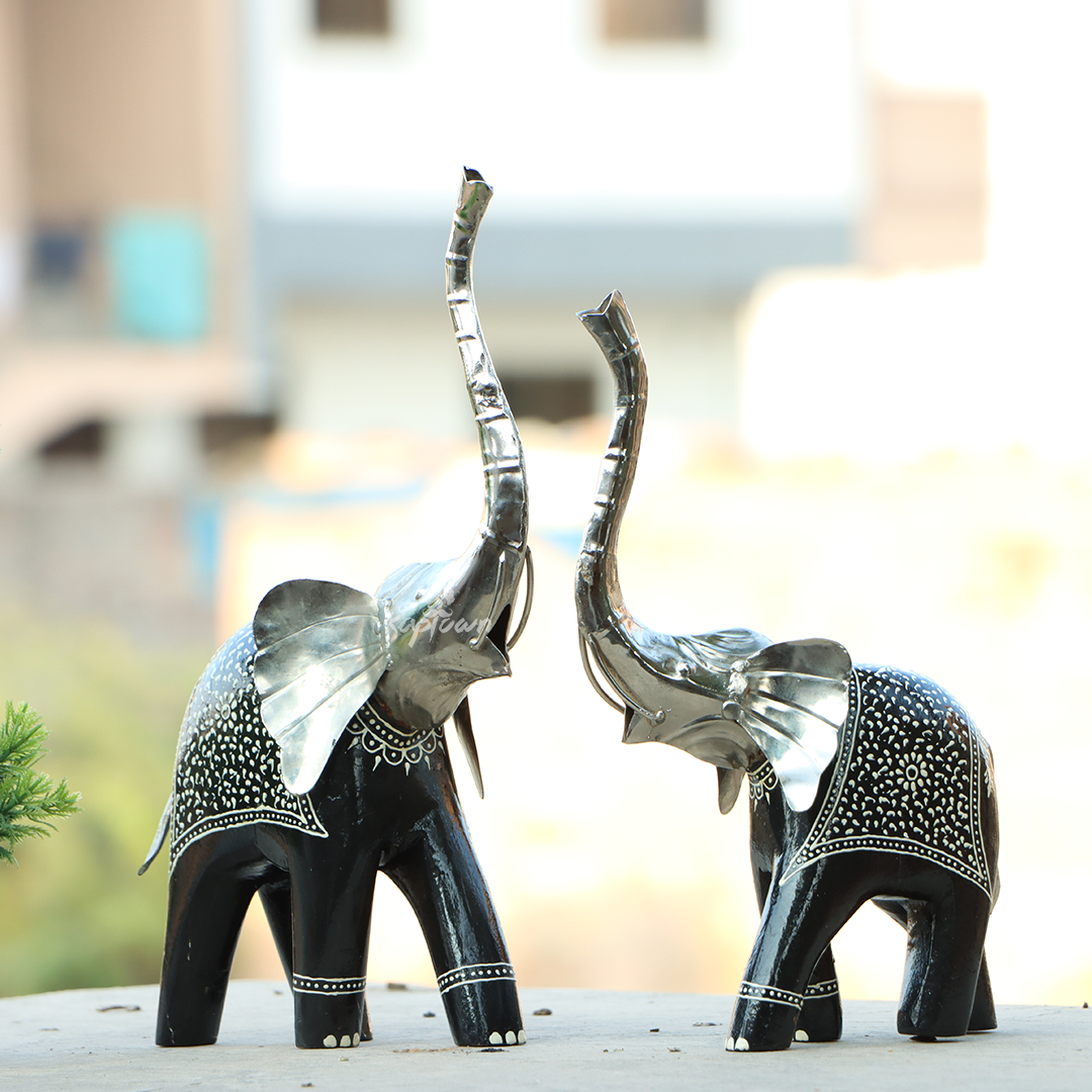 Black Mother And Baby Elephant Showpiece Decor Set OF 2 For Table Decor
