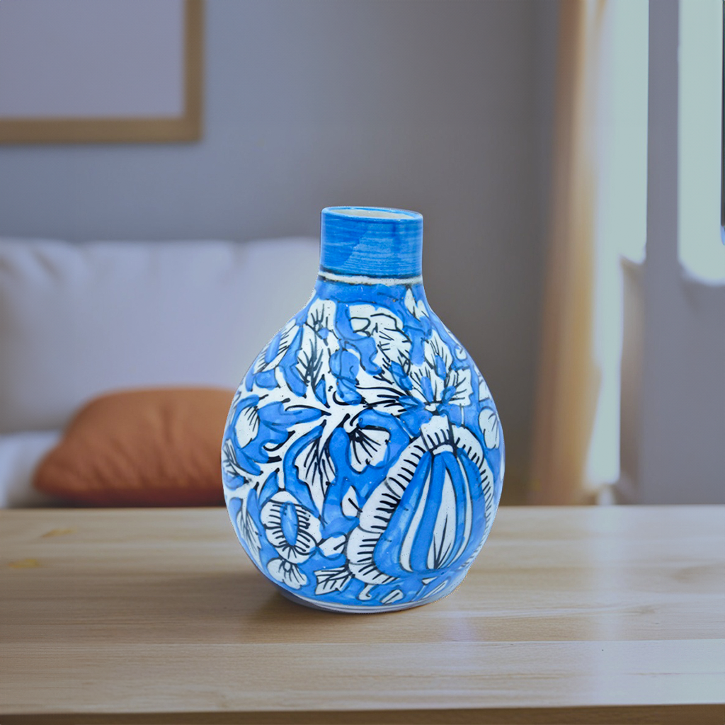 Blue Bloom Vase by Tanutra - Handcrafted ceramic vase with intricate blue and white floral design, perfect for flower arrangements and home decor. Elegant ceramic art for shelves, dining tables, and entryways