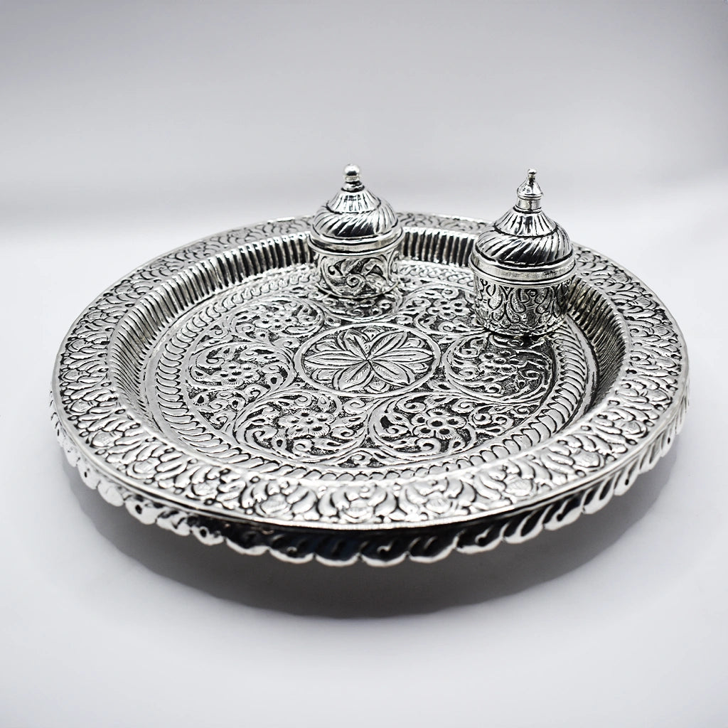 Traditional Silver Ceremonial Pooja Thali Set | Handcrafted Indian Puja Plate for Rituals | Authentic Silver Handicraft Thali for Worship | Religious Gift Idea | Hindu Prayer Essentials