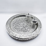 Load image into Gallery viewer, Traditional Silver Ceremonial Pooja Thali Set | Handcrafted Indian Puja Plate for Rituals | Authentic Silver Handicraft Thali for Worship | Religious Gift Idea | Hindu Prayer Essentials Elegant Ceremonial Pooja Thali Set by Tanutra – handcrafted Indian handicraft for home decor and daily worship, featuring a polished thali with two silver boxes. Perfect for rituals, festive celebrations, or as a thoughtful gift for weddings and housewarmings. Traditional Indian metal craft in kitchenware and lifestyle decor
