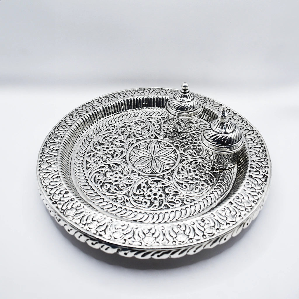 Traditional Silver Ceremonial Pooja Thali Set | Handcrafted Indian Puja Plate for Rituals | Authentic Silver Handicraft Thali for Worship | Religious Gift Idea | Hindu Prayer Essentials