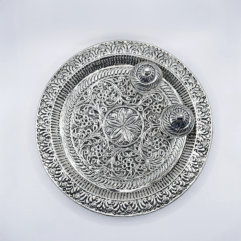 Traditional Silver Ceremonial Pooja Thali Set | Handcrafted Indian Puja Plate for Rituals | Authentic Silver Handicraft Thali for Worship | Religious Gift Idea | Hindu Prayer Essentials