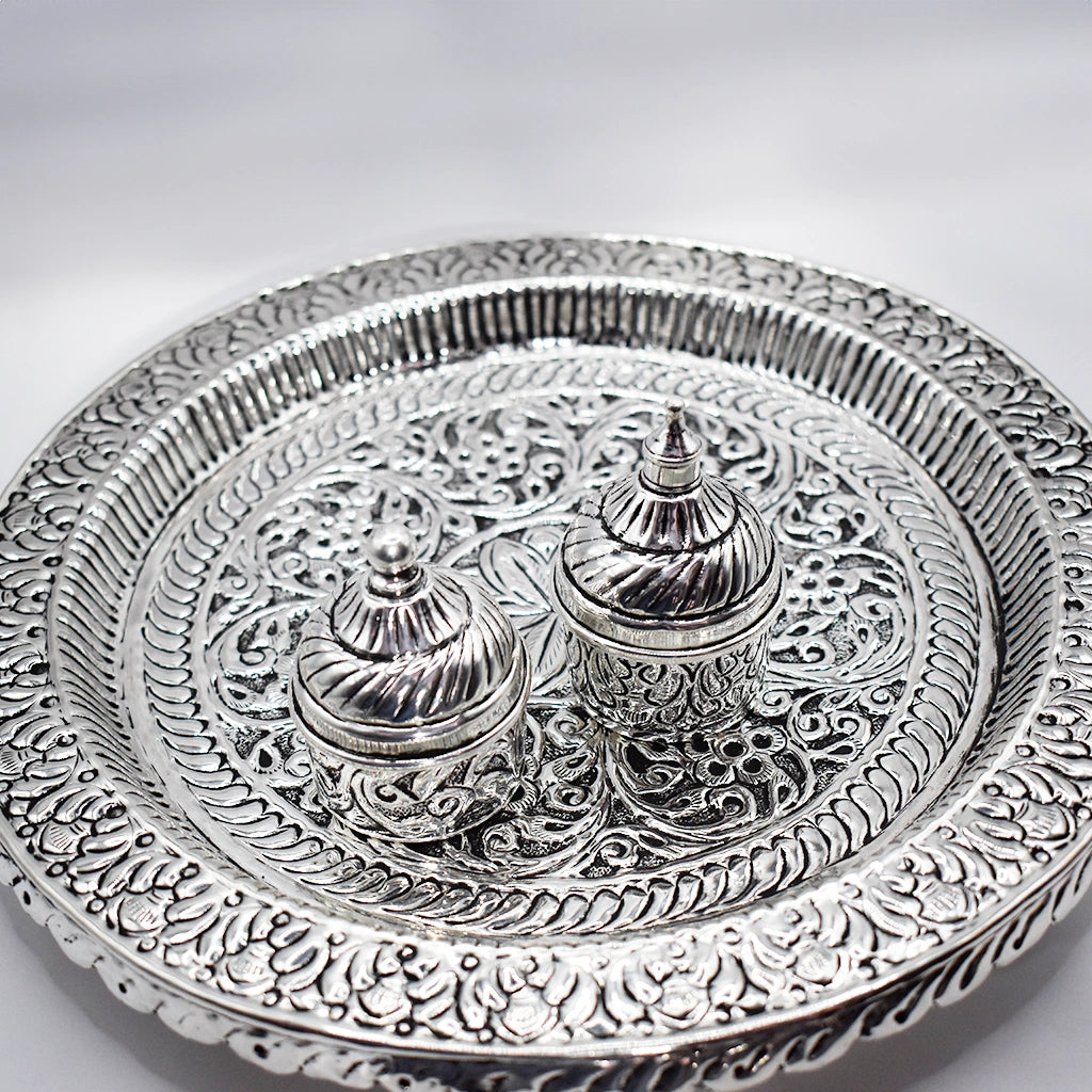 Traditional Silver Ceremonial Pooja Thali Set | Handcrafted Indian Puja Plate for Rituals | Authentic Silver Handicraft Thali for Worship | Religious Gift Idea | Hindu Prayer Essentials