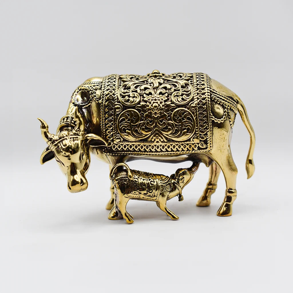 Divine Presence Golden Cow Statue - Sacred Indian Handicraft Spiritual Home Decor and Hindu God Figurine