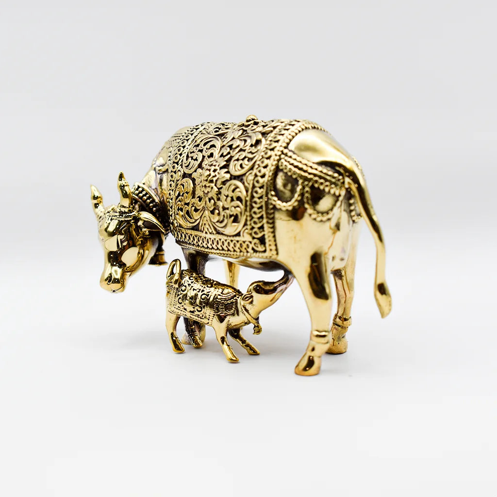 Divine Presence Golden Cow Statue - Sacred Indian Handicraft Spiritual Home Decor and Hindu God Figurine