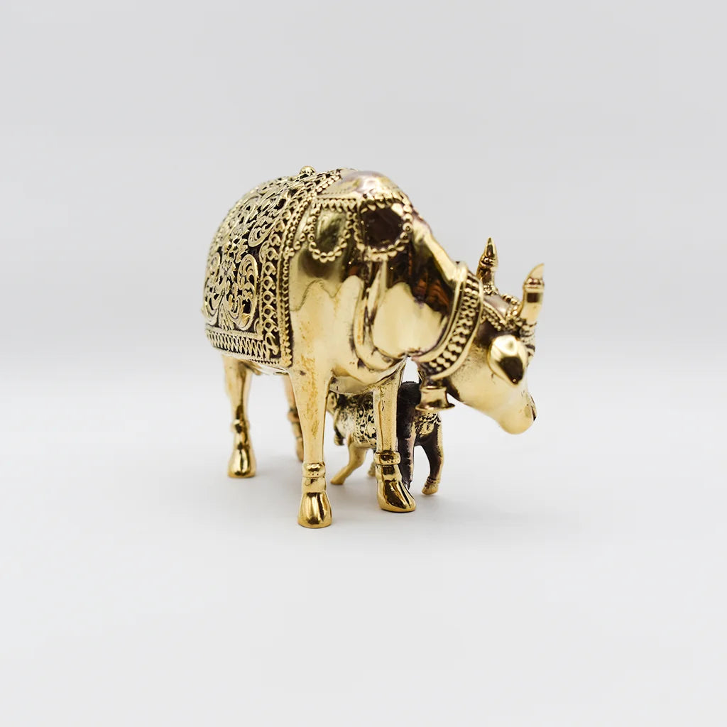 Divine Presence Golden Cow Statue - Sacred Indian Handicraft Spiritual Home Decor and Hindu God Figurine