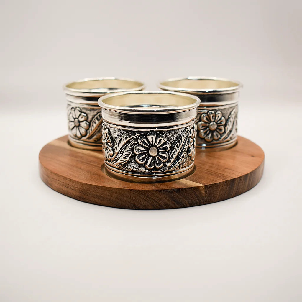 Elegant Trio Silver Cup Set with Wood Tray - Luxury Handcrafted Drinkware, Perfect for Stylish Dining and Gifting.