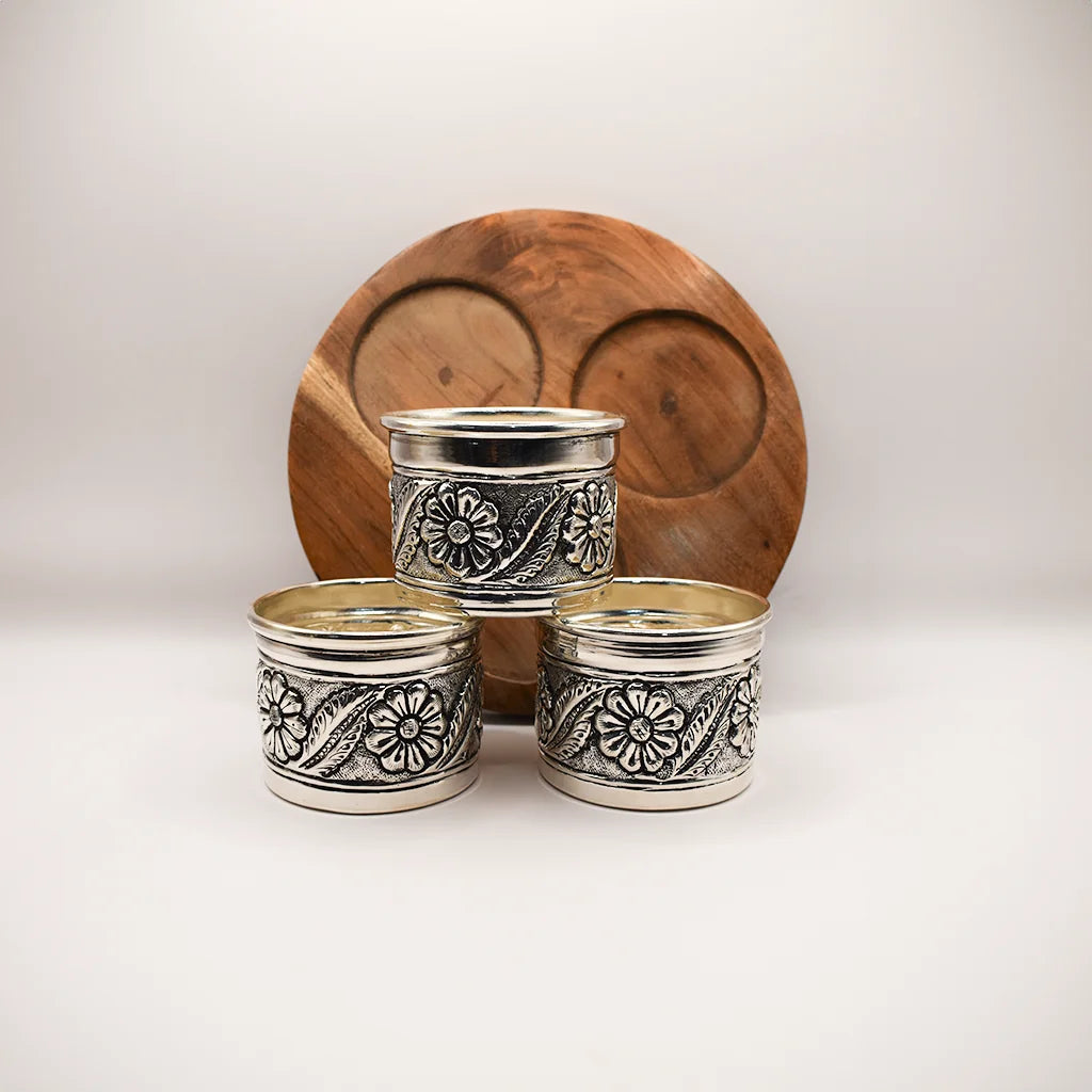 Elegant Trio Silver Cup Set with Wood Tray - Luxury Handcrafted Drinkware, Perfect for Stylish Dining and Gifting.
Elegant Trio Silver Cup Set with Wood Tray by Tanutra – Indian Handicraft Metal Craft Home Decor, Perfect for Kitchenware, Glassware & Lifestyle Use – Vintage Silver Craft for Elegant Beverage and Dessert Serving