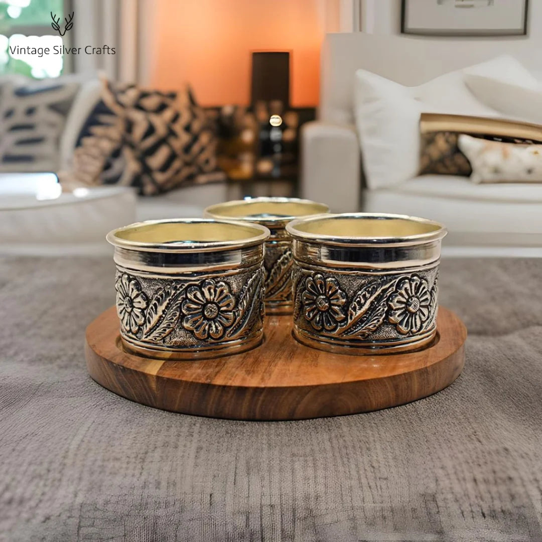 Elegant Trio Silver Cup Set with Wood Tray - Luxury Handcrafted Drinkware, Perfect for Stylish Dining and Gifting.
Elegant Trio Silver Cup Set with Wood Tray by Tanutra – Indian Handicraft Metal Craft Home Decor, Perfect for Kitchenware, Glassware & Lifestyle Use – Vintage Silver Craft for Elegant Beverage and Dessert Serving