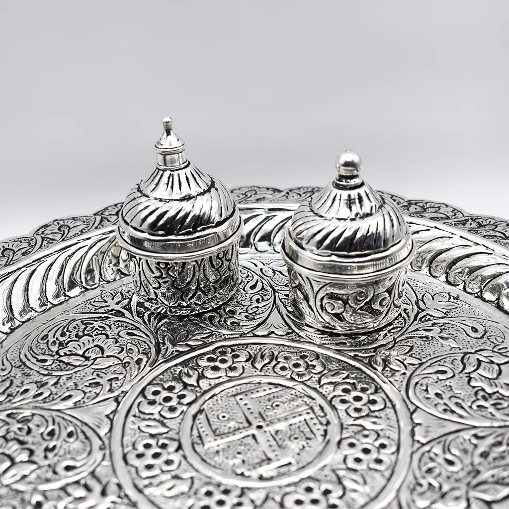 Floral Serenity Pooja Thali with Silver Boxes, Indian Puja Set, Traditional Religious Decor, Floral Pattern Pooja Plate, Silver Pooja Accessories, Hindu Ritual Items, Elegant Pooja Thali Design
Handcrafted Floral Serenity Pooja Thali with Silver Boxes - Perfect Indian handicraft for enhancing ambiance in pooja room and kitchenware