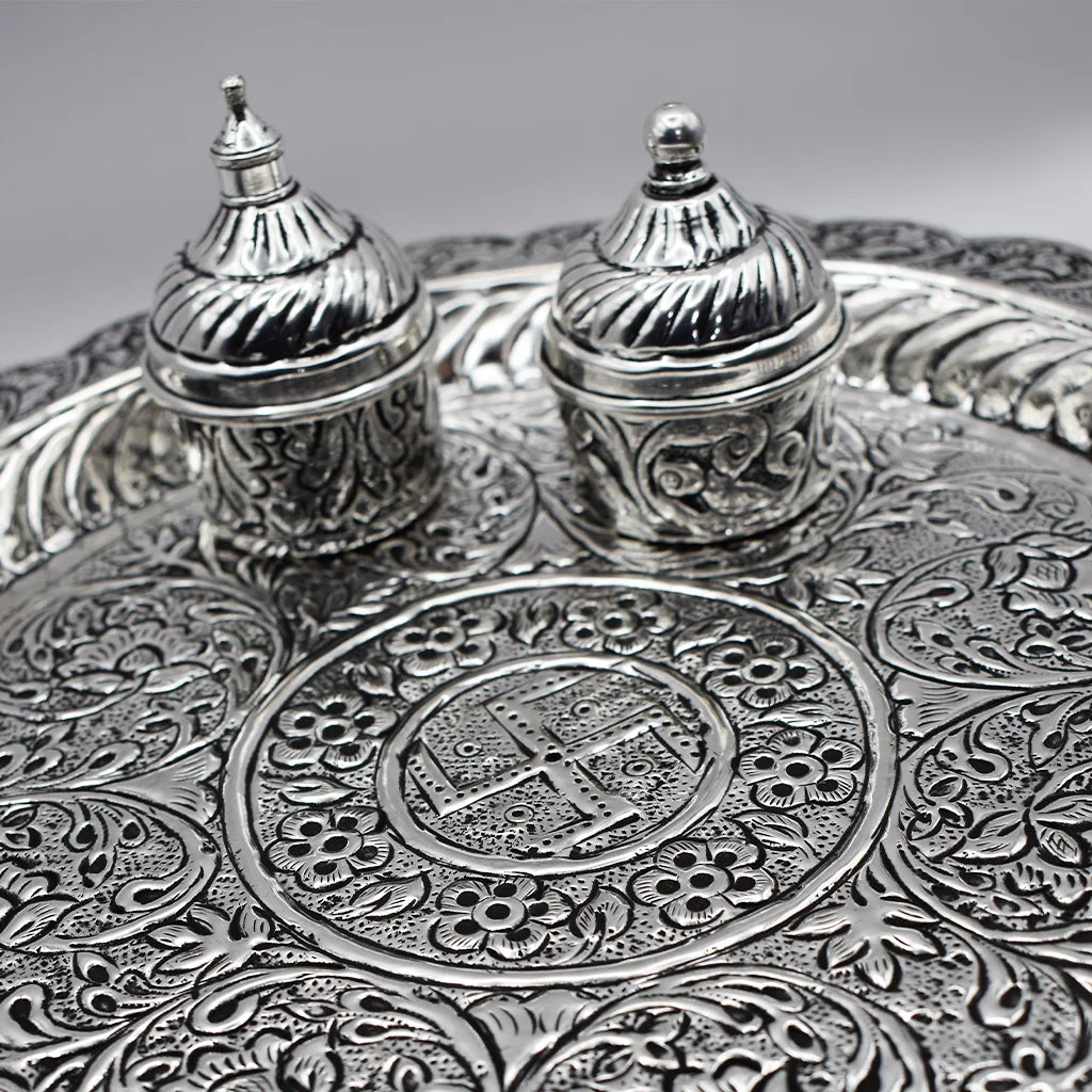 Floral Serenity Pooja Thali with Silver Boxes, Indian Puja Set, Traditional Religious Decor, Floral Pattern Pooja Plate, Silver Pooja Accessories, Hindu Ritual Items, Elegant Pooja Thali Design
Handcrafted Floral Serenity Pooja Thali with Silver Boxes - Perfect Indian handicraft for enhancing ambiance in pooja room and kitchenware