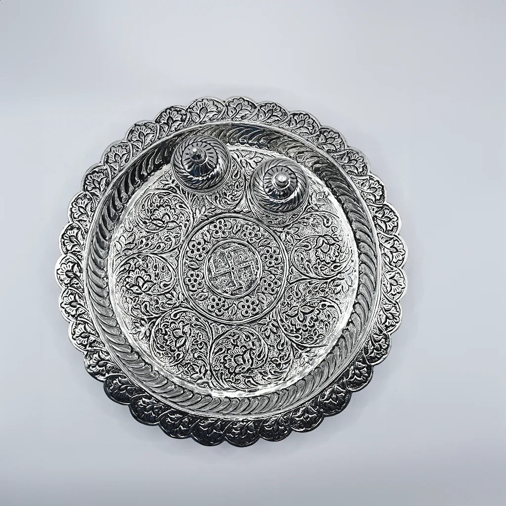 Floral Serenity Pooja Thali with Silver Boxes, Indian Puja Set, Traditional Religious Decor, Floral Pattern Pooja Plate, Silver Pooja Accessories, Hindu Ritual Items, Elegant Pooja Thali Design
Handcrafted Floral Serenity Pooja Thali with Silver Boxes - Perfect Indian handicraft for enhancing ambiance in pooja room and kitchenware