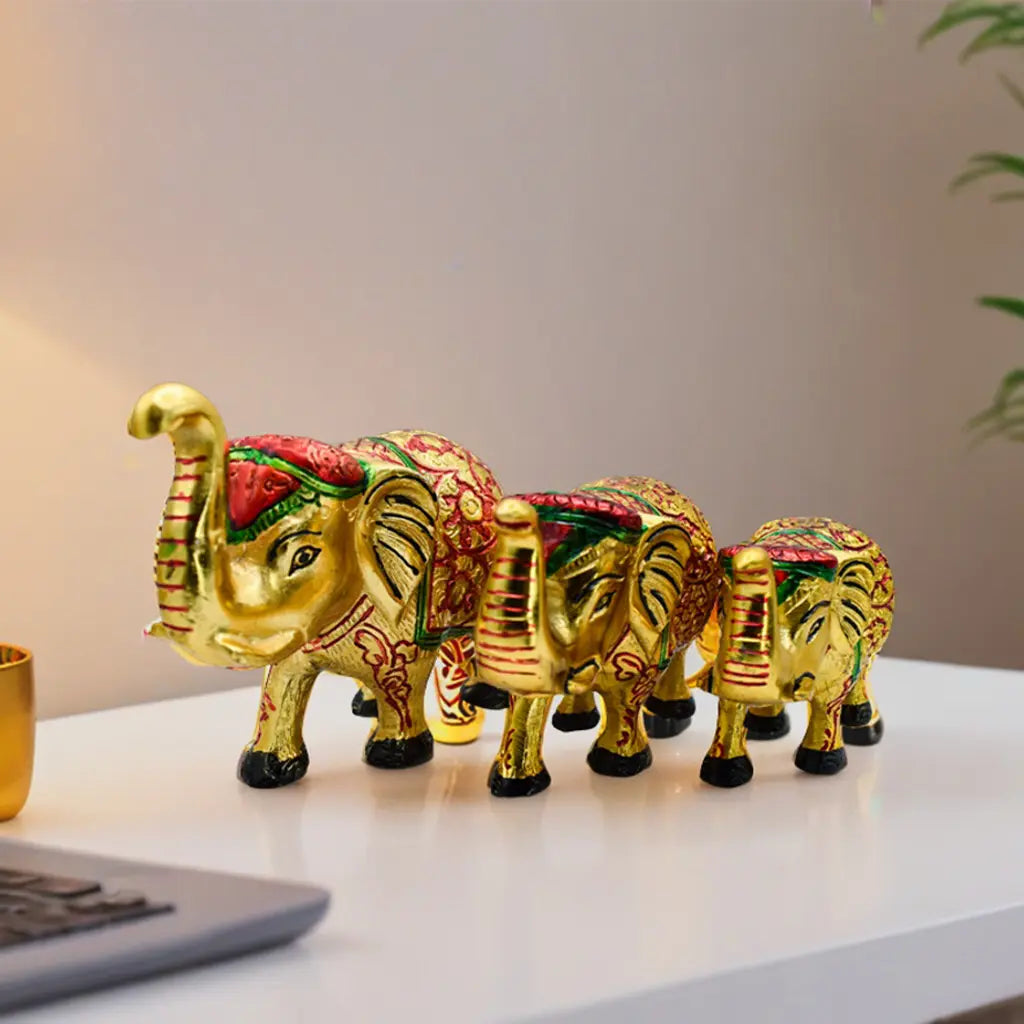 Golden Elephant Trio Figurine(Set of 3 Elephant)