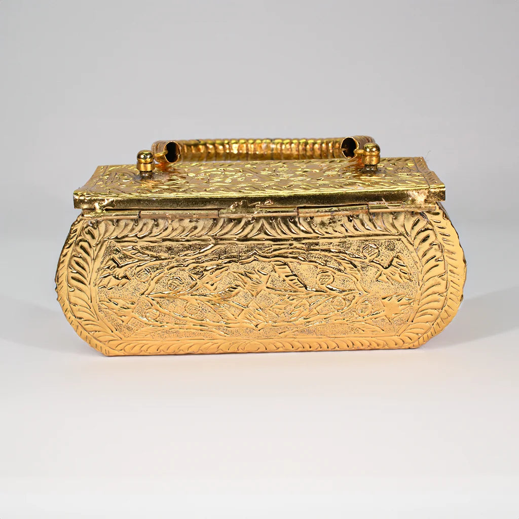 Golden Handcrafted Clutch by Tanutra - Exquisite embossed design, luxurious wedding accessory, traditional Indian craftsmanship perfect for cultural events, gifting, and special occasions. Handcrafted 