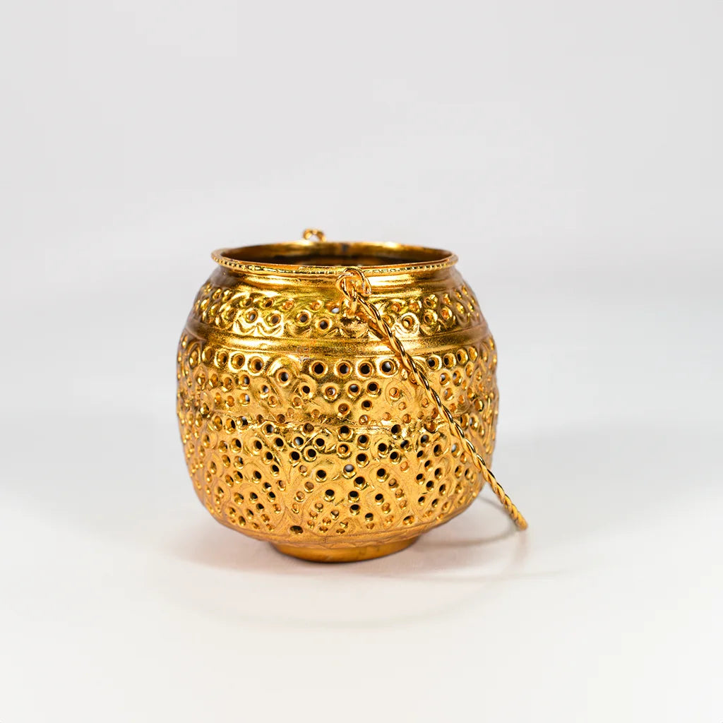 Golden Ornate Pot with handle for home decor, luxury vase, candle holder, festive decoration – Tanutra Handicrafts