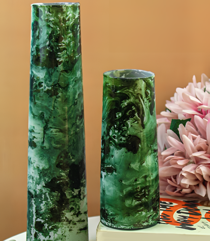 Green and White Set of 2 printed flower glass vases
