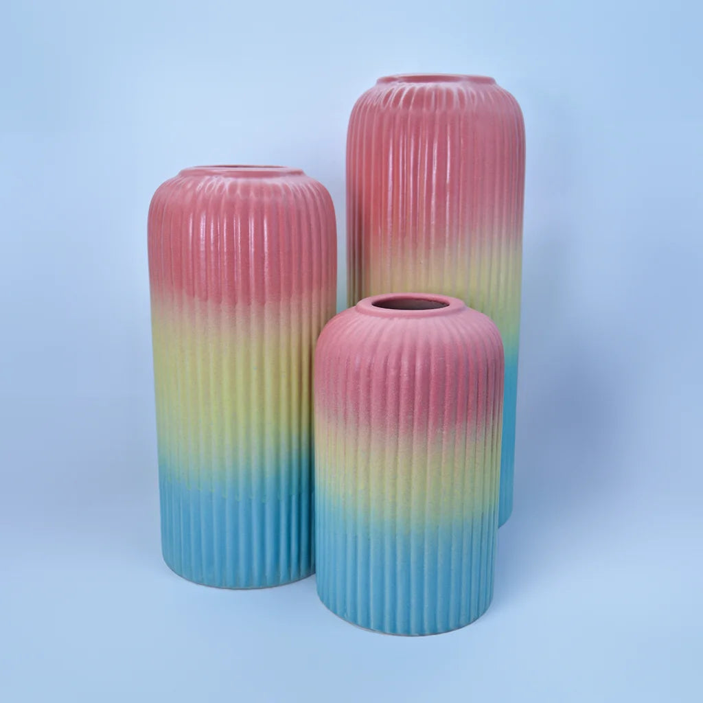 Rainbow Ripple Vase Set - Handcrafted Ceramic Vases with Pink, Yellow, Blue Gradient - Modern Home Decor - Indian Craftsmanship by Tanutra