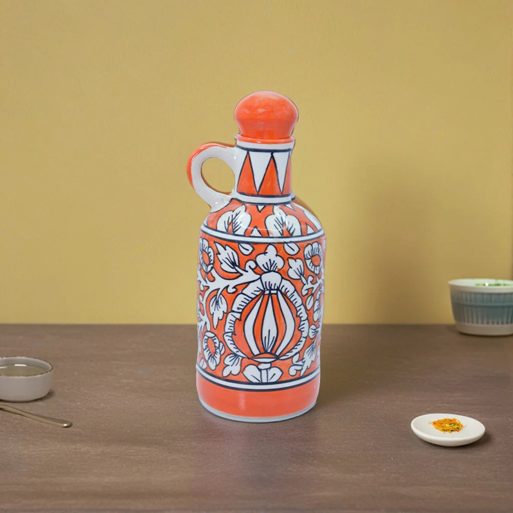 Hand-painted Bloom Ceramic Oil Bottle with intricate floral motifs, perfect for storing olive oil, vinegar, salad dressings, and infused oils – Tanutra handcrafted kitchenware.