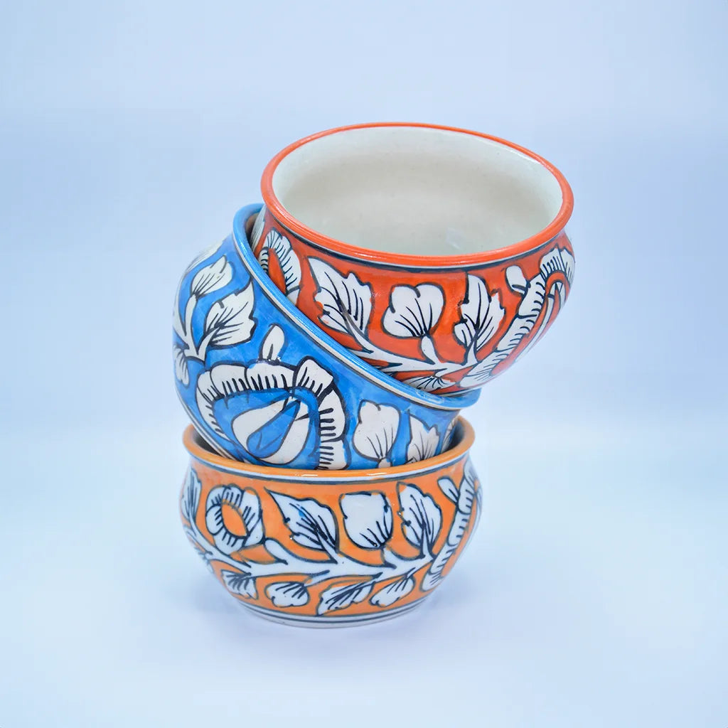 Floral Ceramic Bowl Set by Tanutra – Hand-painted Decorative and Serving Bowls with Intricate Floral Designs in Orange, Red, and Blue, Perfect for Home Decor, Gifting, and Dining Elegance