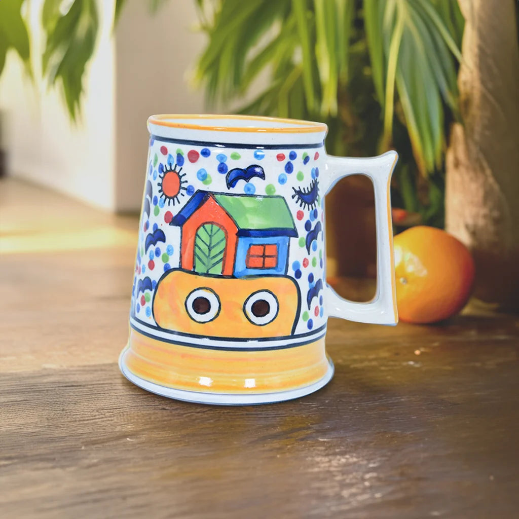 Cheerful Ceramic Mug - Hand-Painted Vibrant House Under Sunny Sky | Indian Handcrafted Ceramic Art | Tanutra - Colorful Daily Coffee Mug for Home Decor and Art Lovers