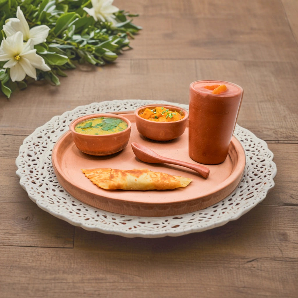 Traditional Indian Handcrafted Clay Dining Set, perfect for adding elegance to your meals with its natural and earthy aesthetic.