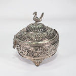 Load image into Gallery viewer, Silver Ornate Box by Tanutra - Elegant Floral and Geometric Carved Metal Storage Container with Bird Figurine for Jewelry, Gifts, Decor, and Organization
