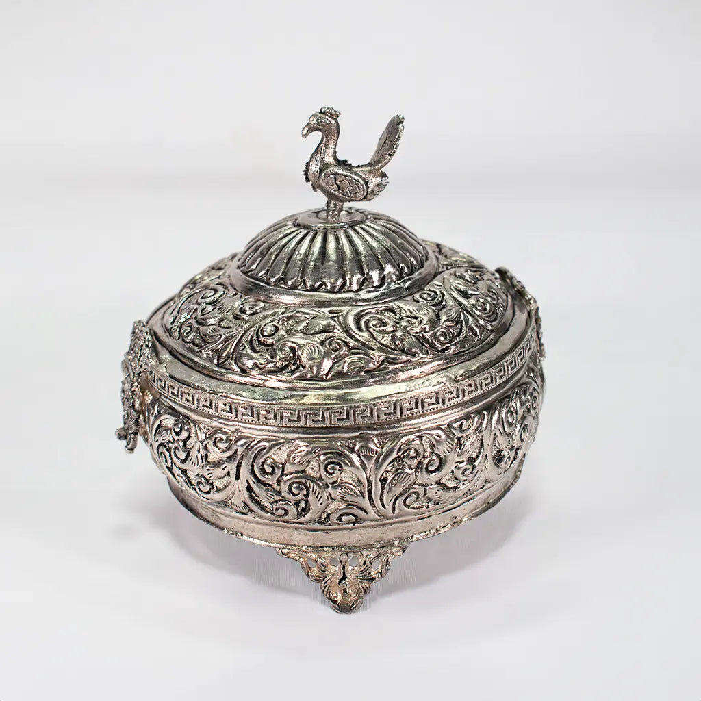 Silver Ornate Box by Tanutra - Elegant Floral and Geometric Carved Metal Storage Container with Bird Figurine for Jewelry, Gifts, Decor, and Organization