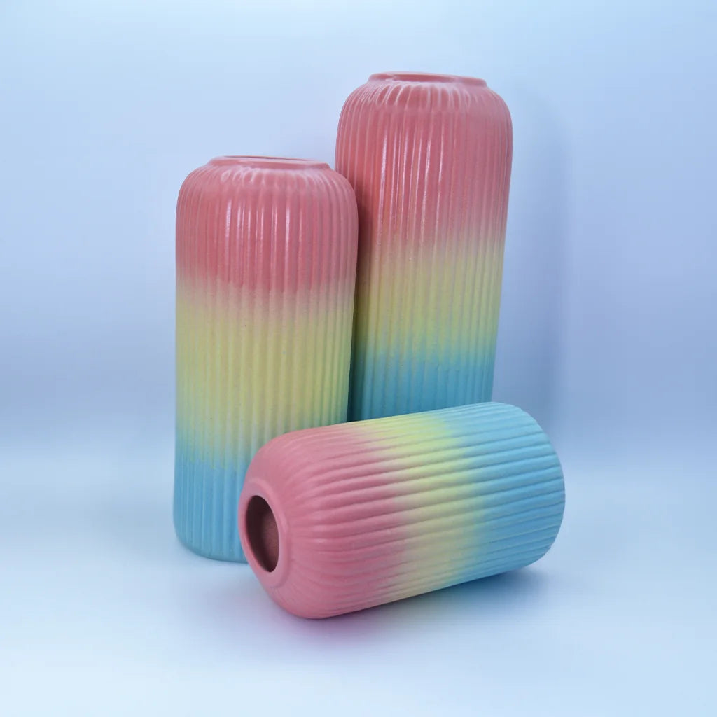 Rainbow Ripple Vase Set - Handcrafted Ceramic Vases with Pink, Yellow, Blue Gradient - Modern Home Decor - Indian Craftsmanship by Tanutra