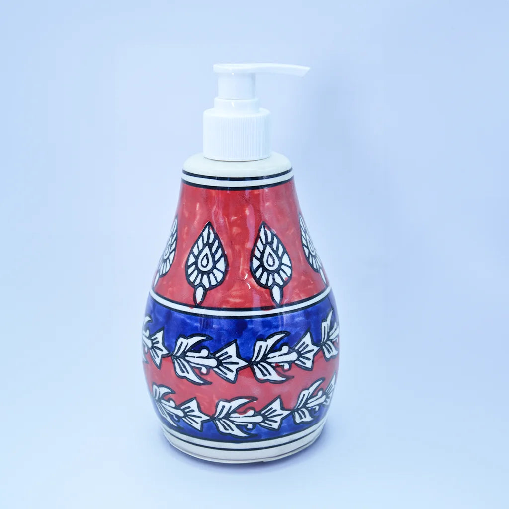 Hand-painted Royal Ceramic Dispenser by Tanutra – Floral Motif Soap, Lotion, or Hand Sanitizer Holder – Indian Handicraft Ceramic Art for Bathroom and Kitchen Décor