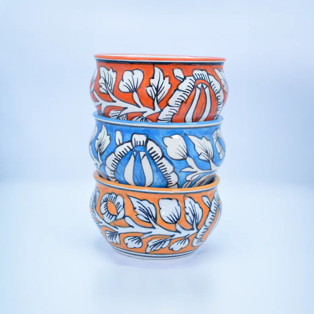 Floral Ceramic Bowl Set by Tanutra – Hand-painted Decorative and Serving Bowls with Intricate Floral Designs in Orange, Red, and Blue, Perfect for Home Decor, Gifting, and Dining Elegance