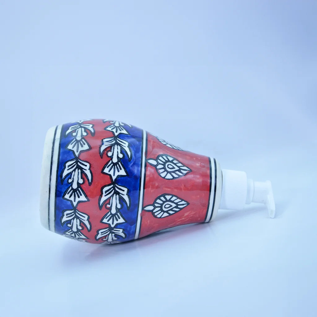 Hand-painted Royal Ceramic Dispenser by Tanutra – Floral Motif Soap, Lotion, or Hand Sanitizer Holder – Indian Handicraft Ceramic Art for Bathroom and Kitchen Décor.