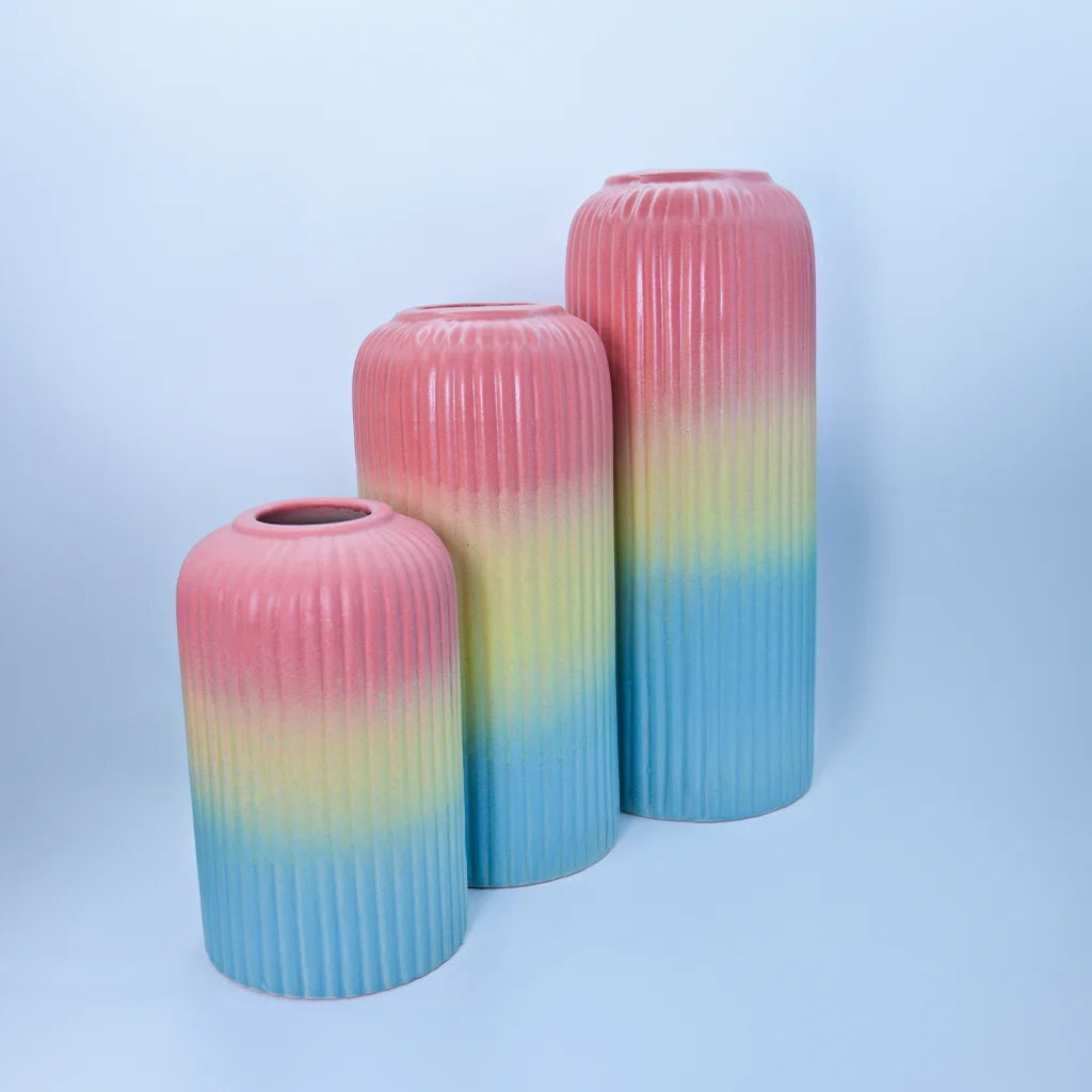 Rainbow Ripple Vase Set - Handcrafted Ceramic Vases with Pink, Yellow, Blue Gradient - Modern Home Decor - Indian Craftsmanship by Tanutra