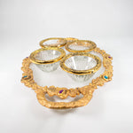 Load image into Gallery viewer, Tanutra Accented Tray with Glass Bowls Set – Elegant Serving Tray with Metallic Rimmed Glass Bowls for Snacks, Home Decor, Religious Ceremonies, and Gifts – Handcrafted Indian Artisan Tray with Colorful Jewels
