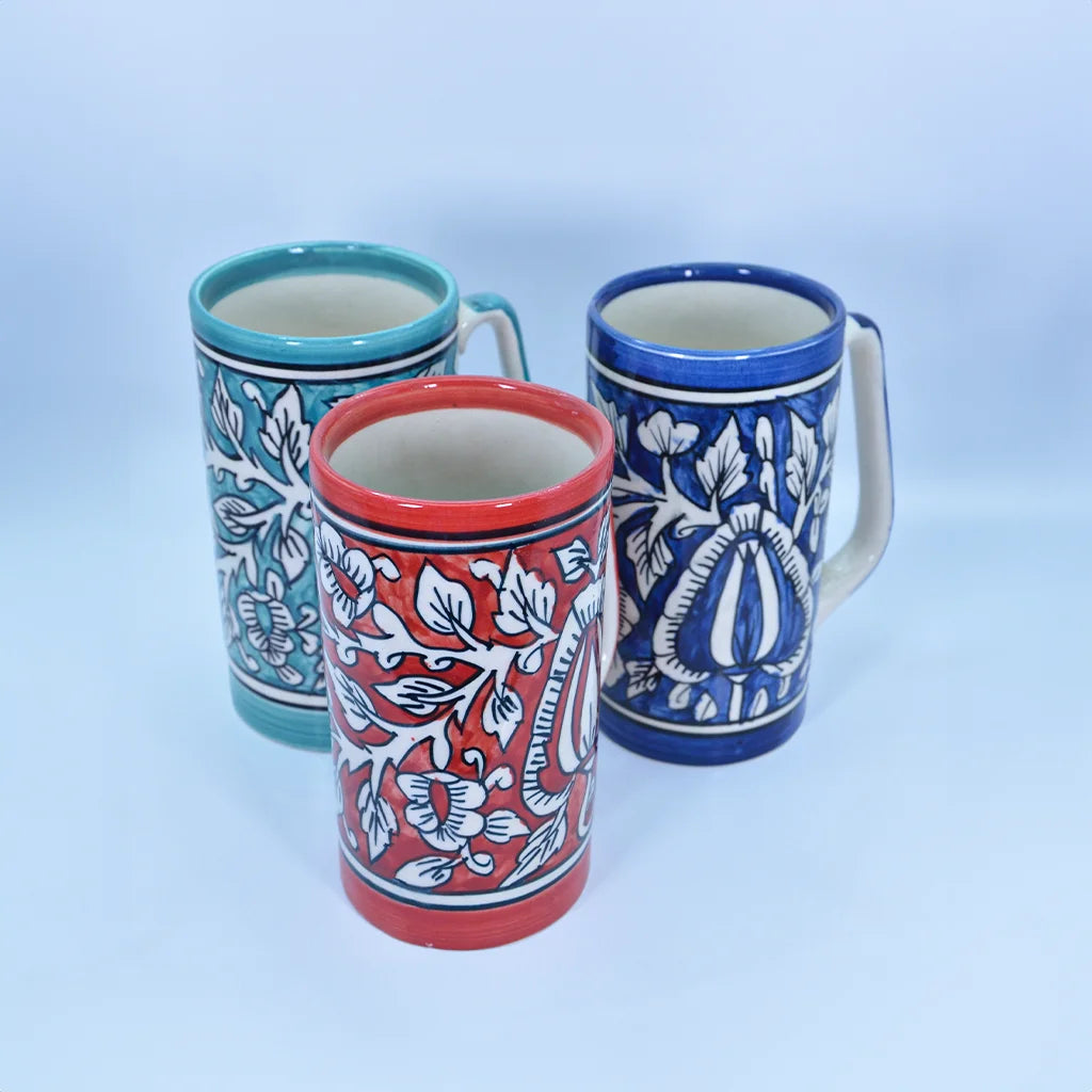 Floral Serenity Mug Set - Handcrafted Ceramic Mugs with Turquoise and Deep Blue Floral Patterns | Traditional Indian Craftsmanship | Durable Ceramic Arts Drinkware for Coffee, Tea, and Kitchen Decor by Tanutra