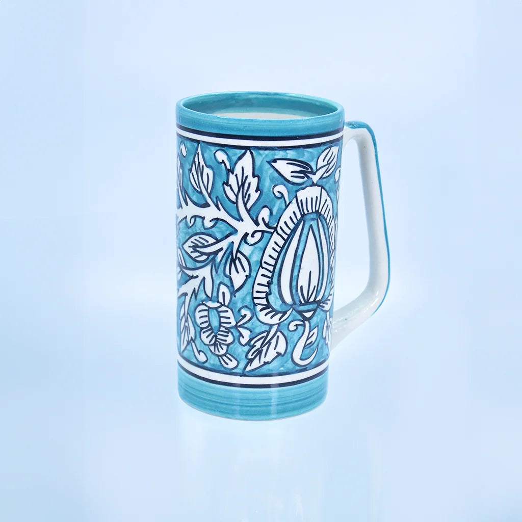 Floral Serenity Mug Set - Handcrafted Ceramic Mugs with Turquoise and Deep Blue Floral Patterns | Traditional Indian Craftsmanship | Durable Ceramic Arts Drinkware for Coffee, Tea, and Kitchen Decor by Tanutra