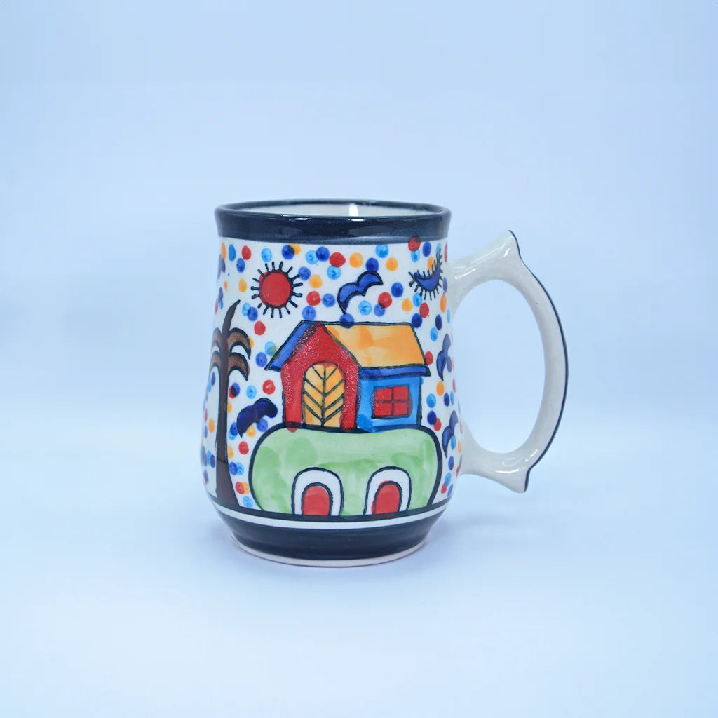 Sunny Village Mug - Hand-painted Ceramic Coffee and Tea Mug with Vibrant Village Scene - Artistic Homeware for Desk Décor, Gifting, and Display - Part of Tanutra's Ceramic Arts Collection