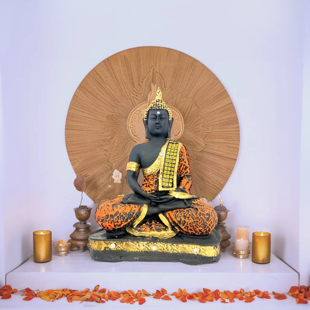 Lord Buddha Sitting Statue by Tanutra - Black and Orange Polyresin Sculpture for Home Decor, Meditation, and Spiritual Awakening - Elegant Indian Handcrafted Art Celebrating Peace and Mindfulness