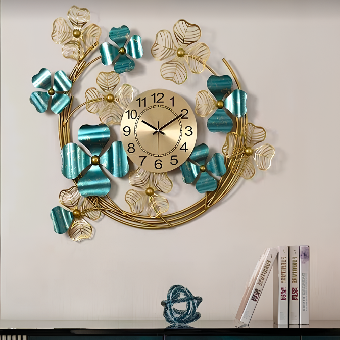 Luxury Flower Beautiful Metal Wall Round Clock Decorative