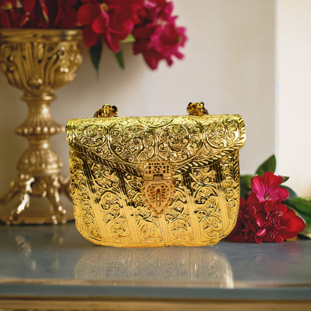 Empress Clutch by Tanutra – Handcrafted Golden Detailing, Regal Evening Bag for Weddings, Galas, and Cultural Events, Luxury Indian Handicraft 