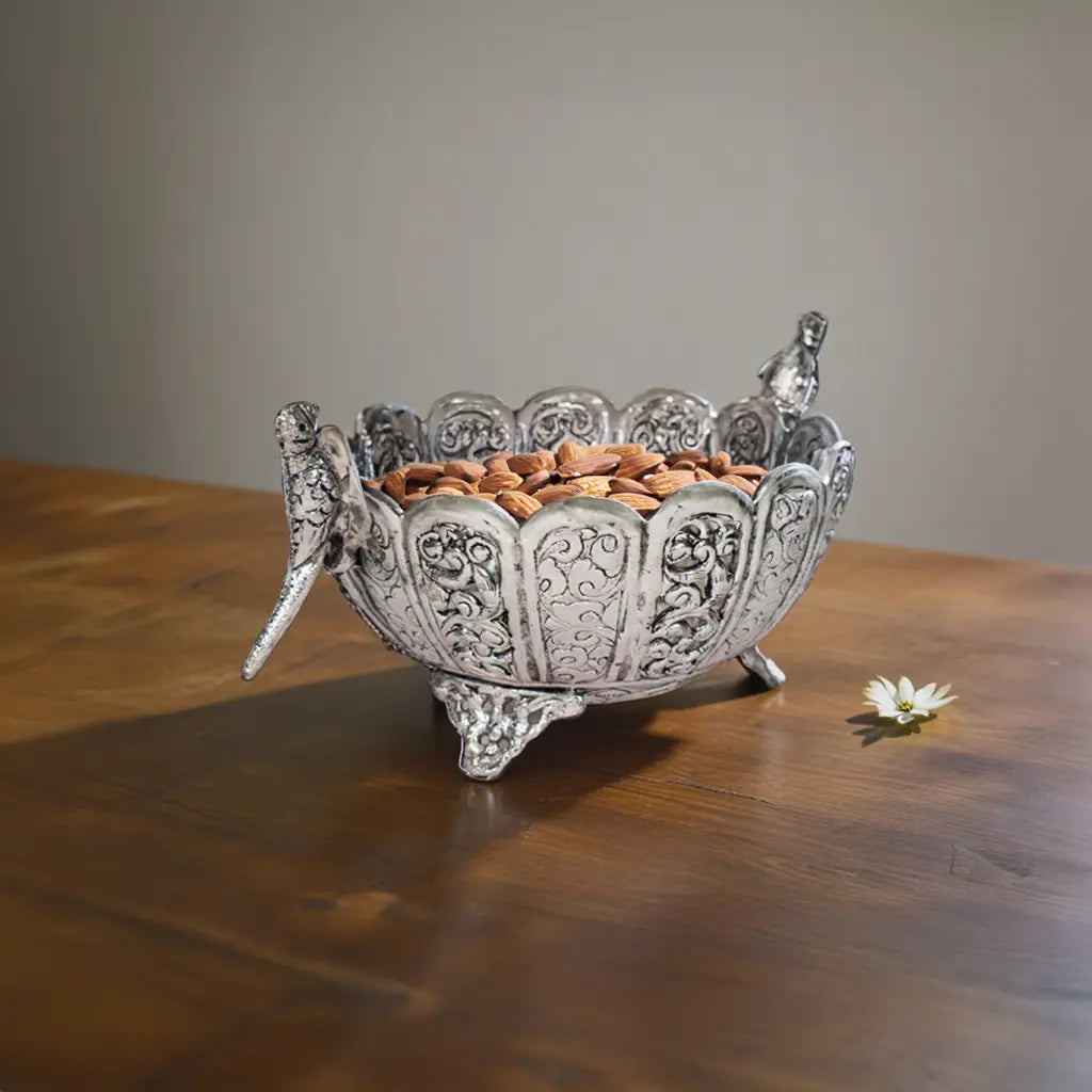 Parrot Ornate Silver Bowl with Exquisite Engravings and Parrot Figurines | Indian Handcrafted Home Decor by Tanutra | Elegant Centerpiece for Tables or Luxury Gift Item