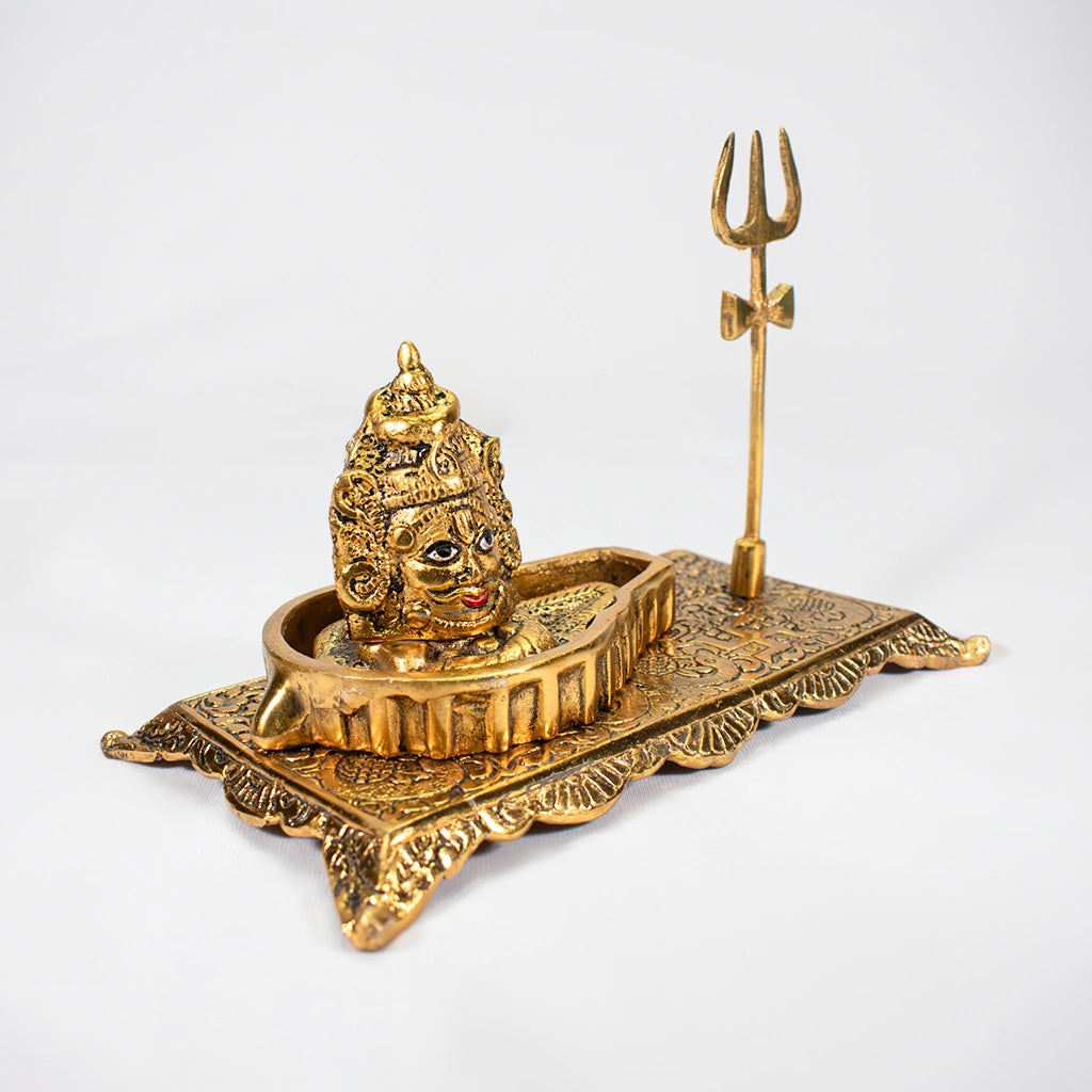 Sacred Shiva Trident with detailed Lord Shiva head and Trishul symbol in golden finish, spiritual home decor, meditation room ornament, Indian handicraft gift for housewarming or religious festivals, Tanutra craftsmanship