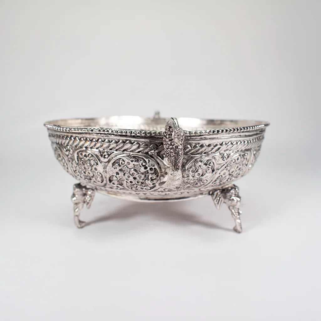 Silver Majesty Bowl - Luxury Decorative Bowl for Home Décor by Tanutra - High-Quality Embossed Silver-Toned Metal Bowl with Ornate Legs - Perfect Gift for Weddings and Special Occasions 