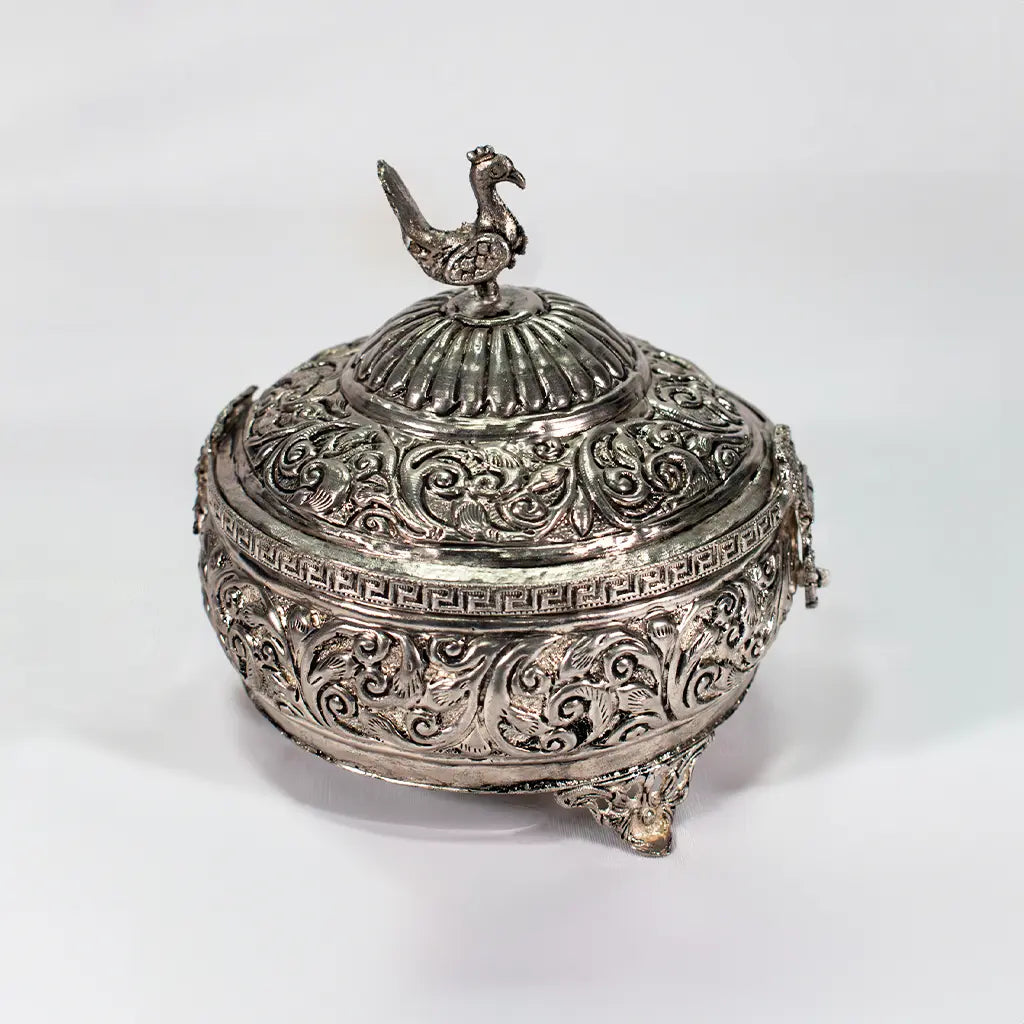 Silver Ornate Box by Tanutra - Elegant Floral and Geometric Carved Metal Storage Container with Bird Figurine for Jewelry, Gifts, Decor, and Organization