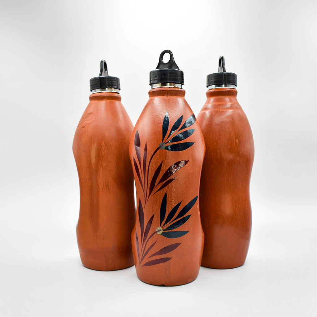 Handcrafted Terracotta Oasis Water Bottles Set of 3 - Eco-Friendly Clay Drinkware for Home Décor and Sustainable Living