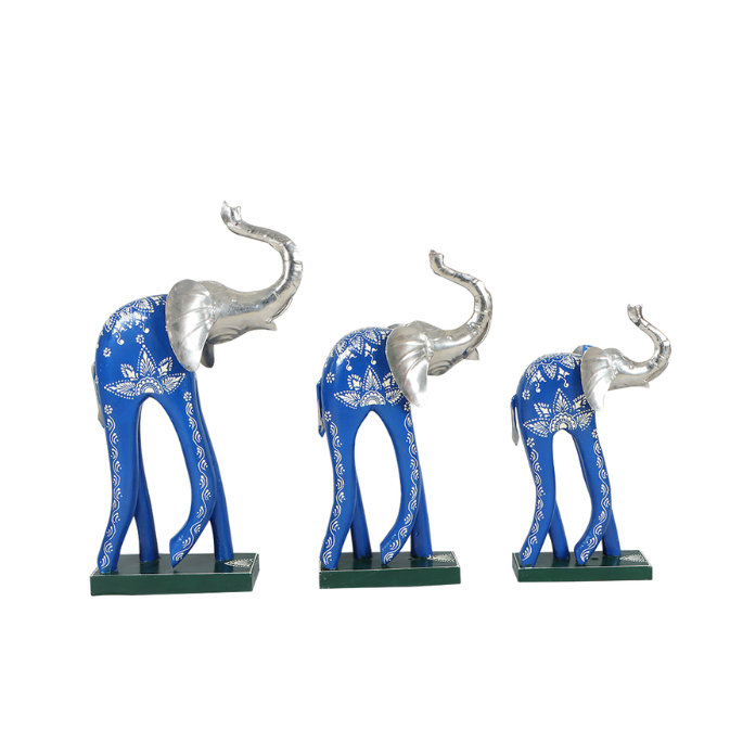 Wooden Blue Color Walking Elephant Showpiece For Home Decor Set OF 3